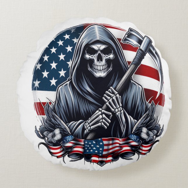 Cojín Redondo "Cojín decorativo Patriótico Grim Reaper" ☠️ 🇺 🇸 (Anverso)