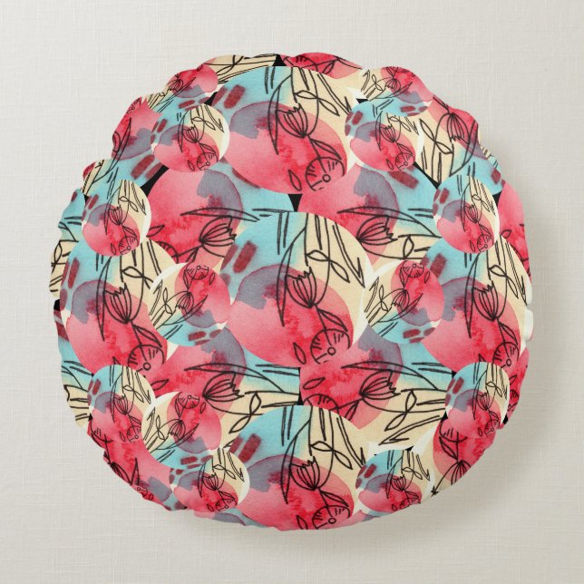 Cojín Redondo Cold Warm Watercolor Floral Geométrico (Anverso)