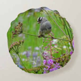 Cojín Redondo Colibrí verde fondo floral rosa púrpura
