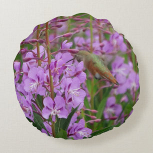 Cojín Redondo Colibrí verde fondo floral rosa púrpura