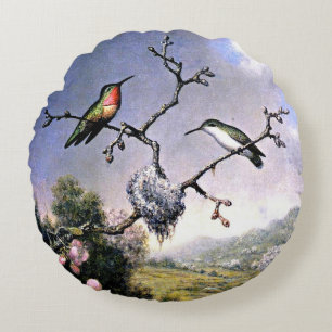 Cojín Redondo Colibríes y flores de manzano