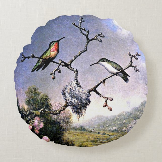 Cojín Redondo Colibríes y flores de manzano (Anverso)