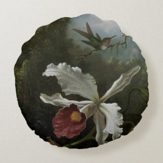 Cojín Redondo Colibríes y Orquídea Blanca por Martin J. Heade