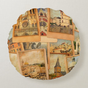 Cojín Redondo Collage de tarjetas fotográficas antiguas. Europa,