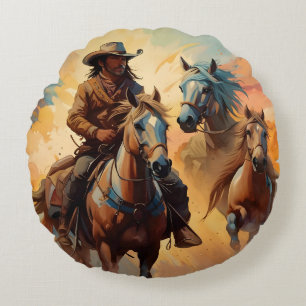Cojín Redondo Collage de vaqueros y caballos Round Pillow