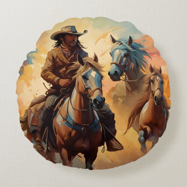 Cojín Redondo Collage de vaqueros y caballos Round Pillow (Anverso)