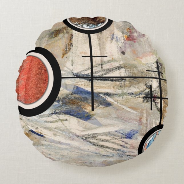 Cojín Redondo collage del arte abstracto, técnicas mixtas y (Anverso)