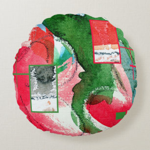 Cojín Redondo collage del arte abstracto, técnicas mixtas y
