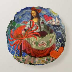 Cojín Redondo Collage Noche Estrellada de Mona Lisa: Surrealista