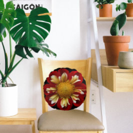 Cojín Redondo Collarette roja Dahlia Floral sobre negro