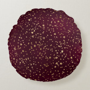 Cojín Redondo Color Vino Tinto Estrellas Doradas Astronomía Astr