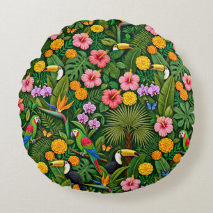 Cojín Redondo Colores alegres aves de la selva flores tropicales