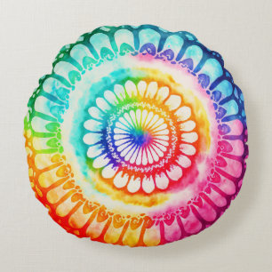 Cojín Redondo Colores de arcoíris Tie Dye Retro Hippie Groovy