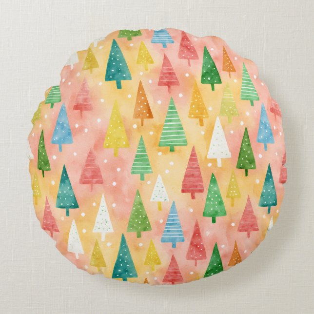 Cojín Redondo Colorful Christmas Trees – Festive Rainbow Holiday (Anverso)
