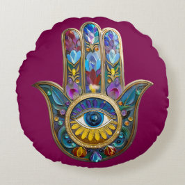Cojín Redondo Colorful Petals Leaves Hamsa Sapphire Third Eye
