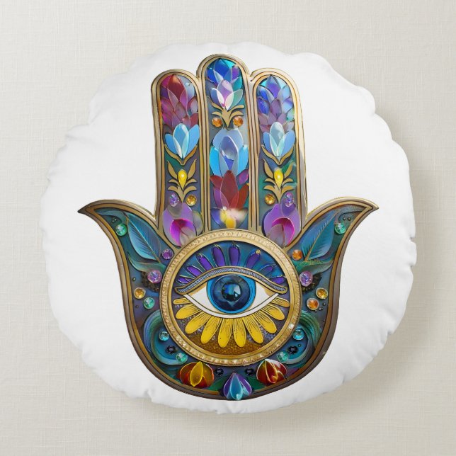 Cojín Redondo Colorful Petals Leaves Hamsa Sapphire Third Eye (Anverso)
