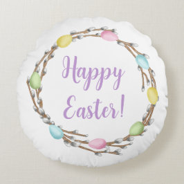 Cojín Redondo Colorful Watercolor Willow Wreath Happy Easter