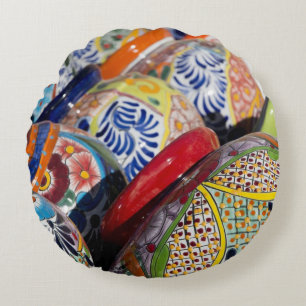 Cojín Redondo Colorida cerámica tradicional mexicana pintada a m