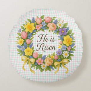 Cojín Redondo Colorida Corona de Pascua Floral Él ha Resucitado