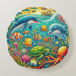 Cojín Redondo Colorida escena submarina con vida marina