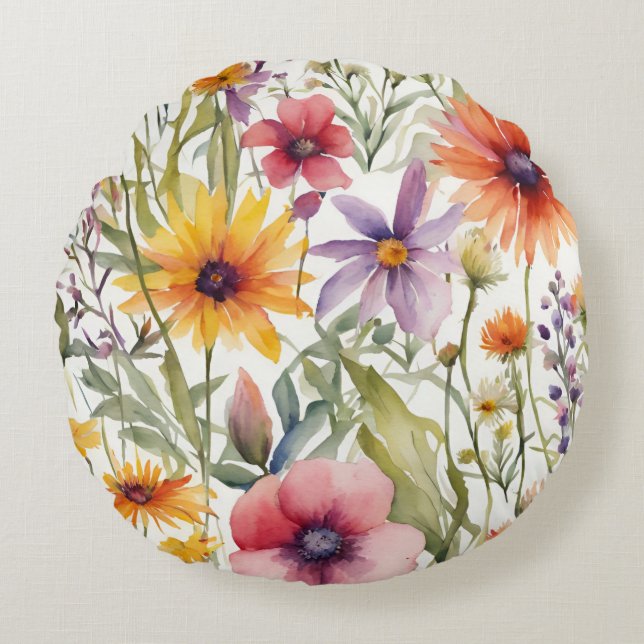 Cojín Redondo Coloridas flores de margarita acuarela (Anverso)
