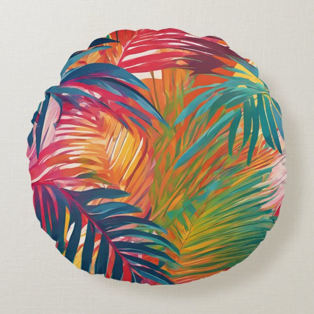 Cojín Redondo Coloridas hojas tropicales frontales de palmas (Anverso)