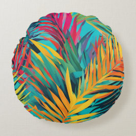 Cojín Redondo Coloridas hojas tropicales Palm Fronds Aqua Blue