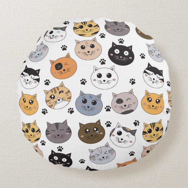 Cojín Redondo Colorido Cute Funny Cats & Paw Pattern (Anverso)