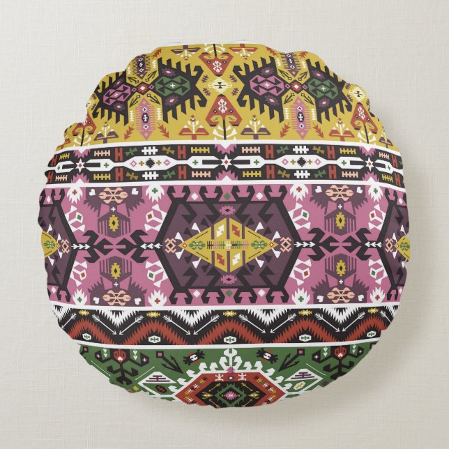 Cojín Redondo Colorido estilo tribal, sin fisuras. (Anverso)