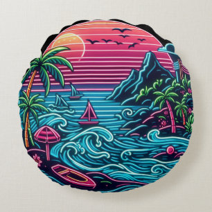 Cojín Redondo Colorido. Neón tropical/hawaiano