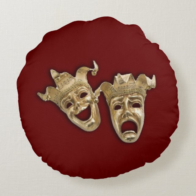 Cojín Redondo Comedia y teatro de tragedia rojo oscuro (Reverso)