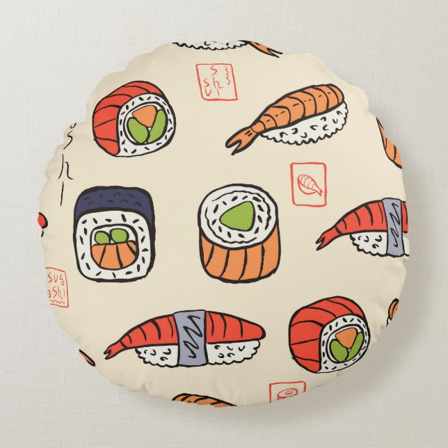Cojín Redondo Comida de sushi, diseño de patrones impecable. (Anverso)