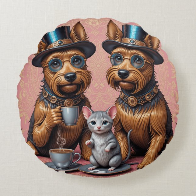 Cojín Redondo Compañeros caninos de moda (Anverso)