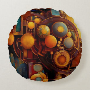 Cojín Redondo Composición de Orbe Mecánico Steampunk