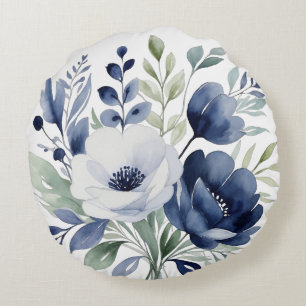 Cojín Redondo Comprimido azul y floral blanco