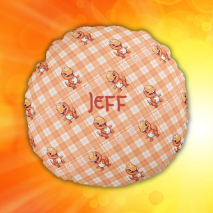 Cojín Redondo Comprobación de búfalo naranja con dinosaurios y m