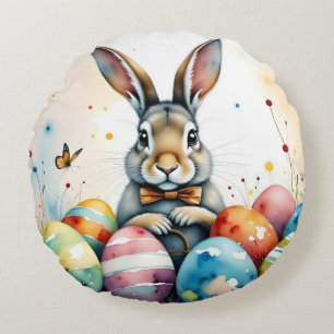 Cojín Redondo Conejito de Pascua con Huevos Pintados de Colores
