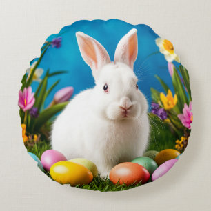 Cojín Redondo Conejito de Pascua lindo con Huevos Coloridos