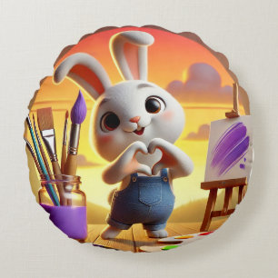 Cojín Redondo Conejito lindo con suministros de pintura al atard