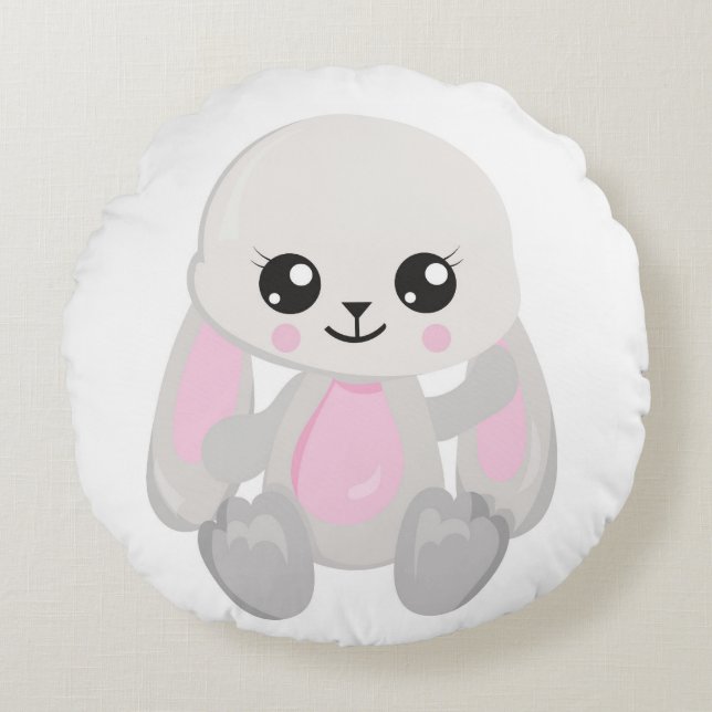 COJÍN REDONDO CONEJITOS DE PELUCHE ROSAS Y BLANCOS (Anverso)