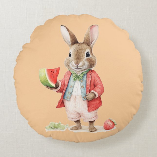Cojín Redondo Conejo acuarela con sandía (Anverso)