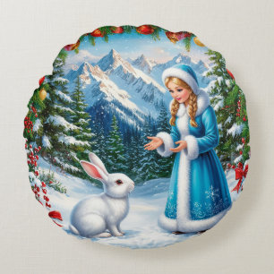 Cojín Redondo Conejo blanco y doncella de nieve en el bosque inv