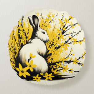 Cojín Redondo Conejo Conejo Conejo Primavera Amarillo Forsythia