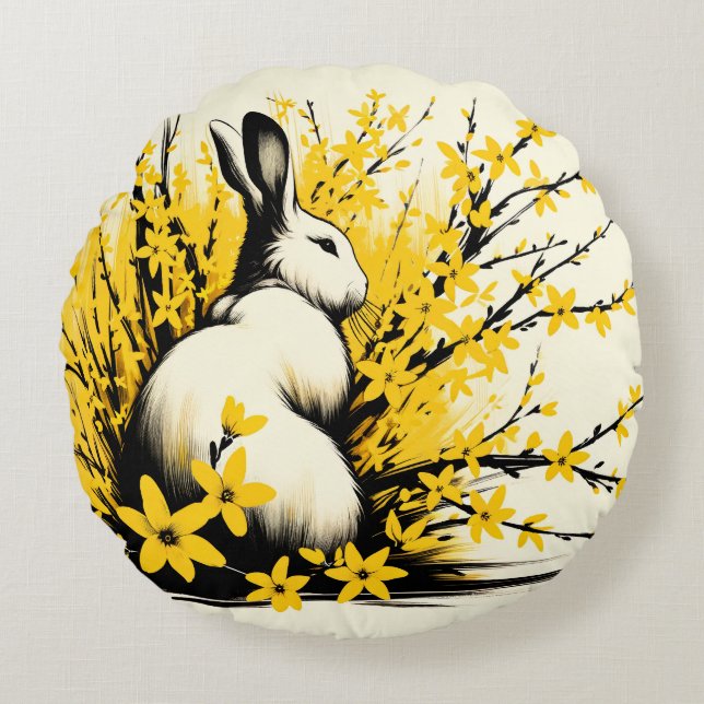 Cojín Redondo Conejo Conejo Conejo Primavera Amarillo Forsythia (Anverso)