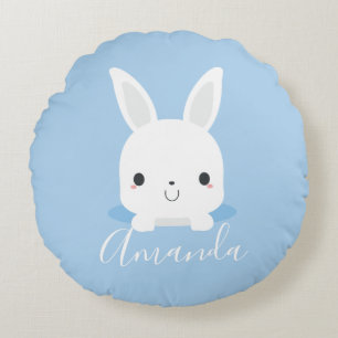 Cojín Redondo Conejo de conejito azul con nombre personalizado