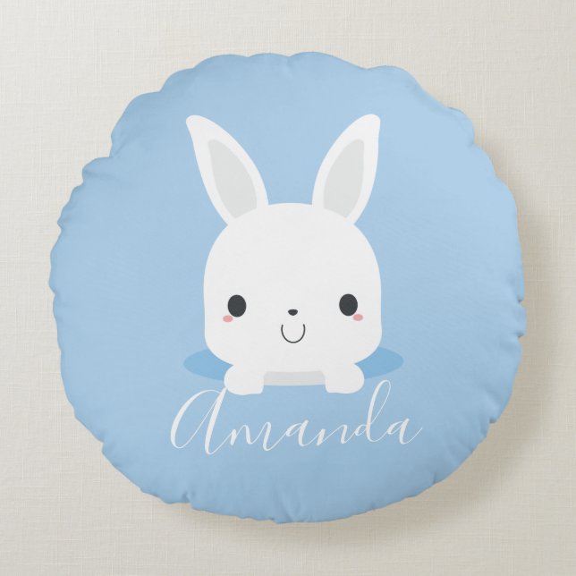 Cojín Redondo Conejo de conejito azul con nombre personalizado (Anverso)
