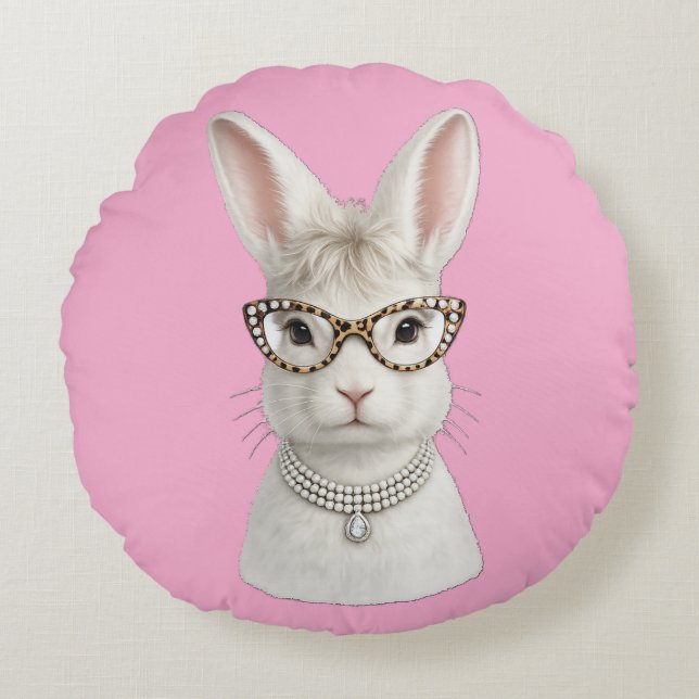 Cojín Redondo Conejo de Moda Divertido con Gafas de Leopardo (Anverso)