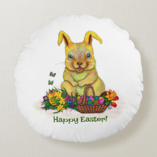 Cojín Redondo Conejo de Pascua con huevos y flores