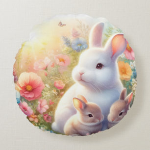 Cojín Redondo Conejo de Pascua de primavera Familia Floral Jardí