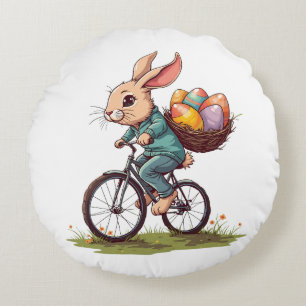 Cojín Redondo Conejo de Pascua montando una bicicleta con una ce